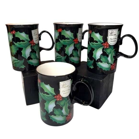 4 Dunoon Christmas Holiday Black Mug Holly Berries Poinsettia 4" Scotland Made - Picture 1 of 6
